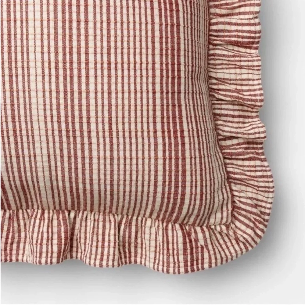 Studio McGee 24” c 24” Uneven Plaid Burgundy/Cream with Ruffle Accent Pillow